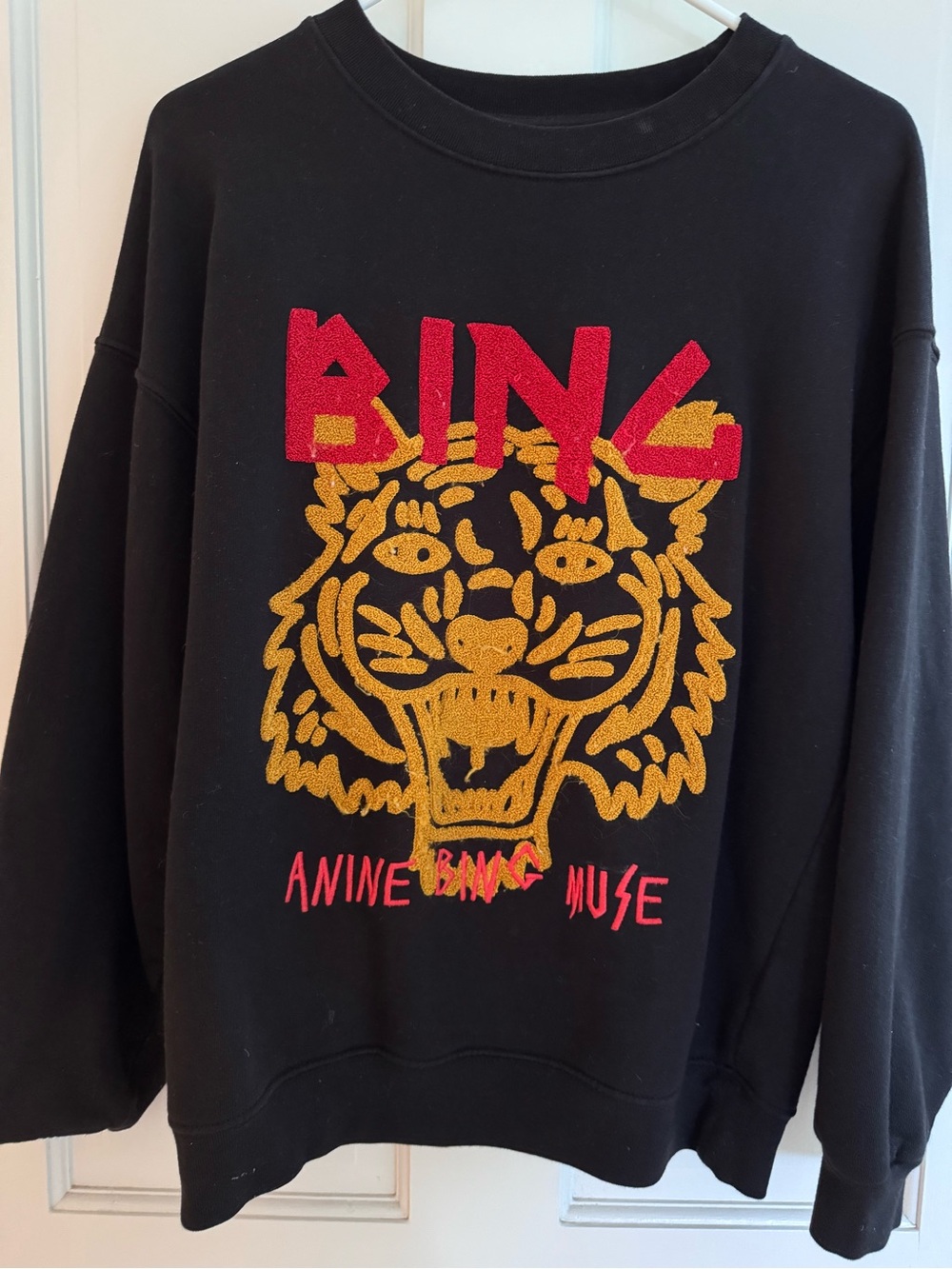 Anine Bing Black Crewneck with Gold Tiger and Red Logo